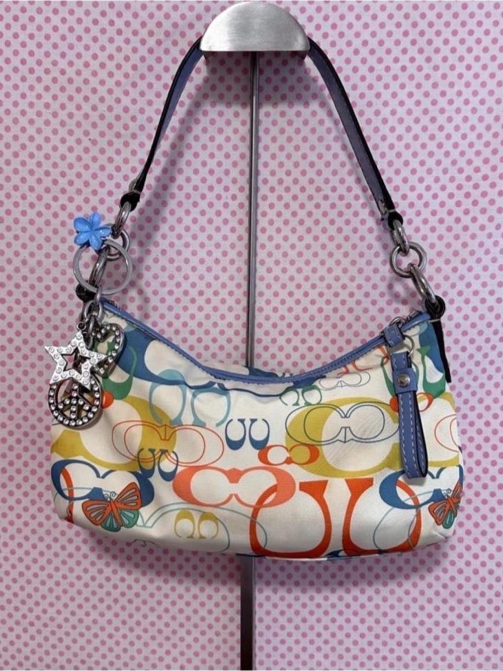 Coach Multicolor Signature Print Shoulder Bag with Navy Strap